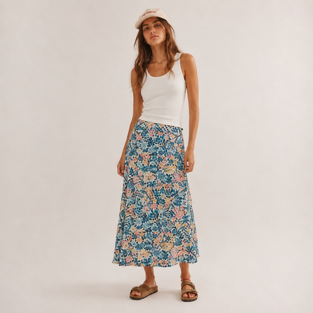 Roxy x Liberty Fabrics‎ Floral Maxi Skirt Womens M Blue Tropical Beachy Gauzy